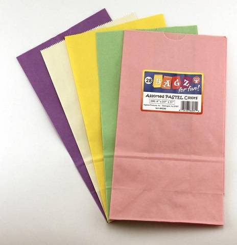 Hygloss Flat Bottom Paper Bags, 5 by 3-Inch by 9.3/4, Pastel Colors, 28-Pack