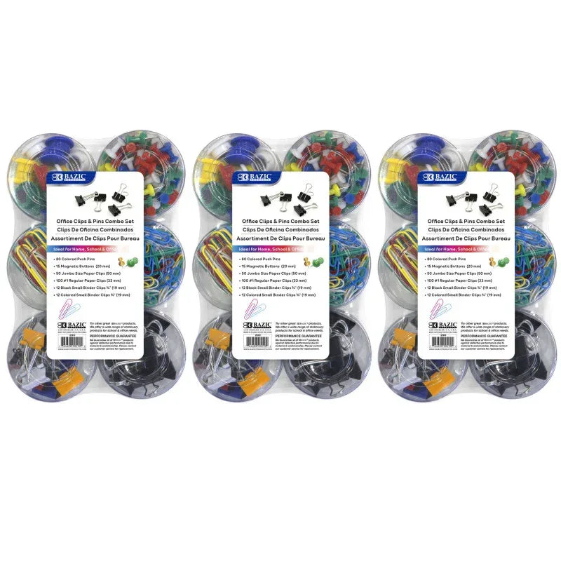 Push Pin, Paper Clip, Binder Clip, Magnetic Button Combo Set, 269 Pieces Per Set, 3 Sets