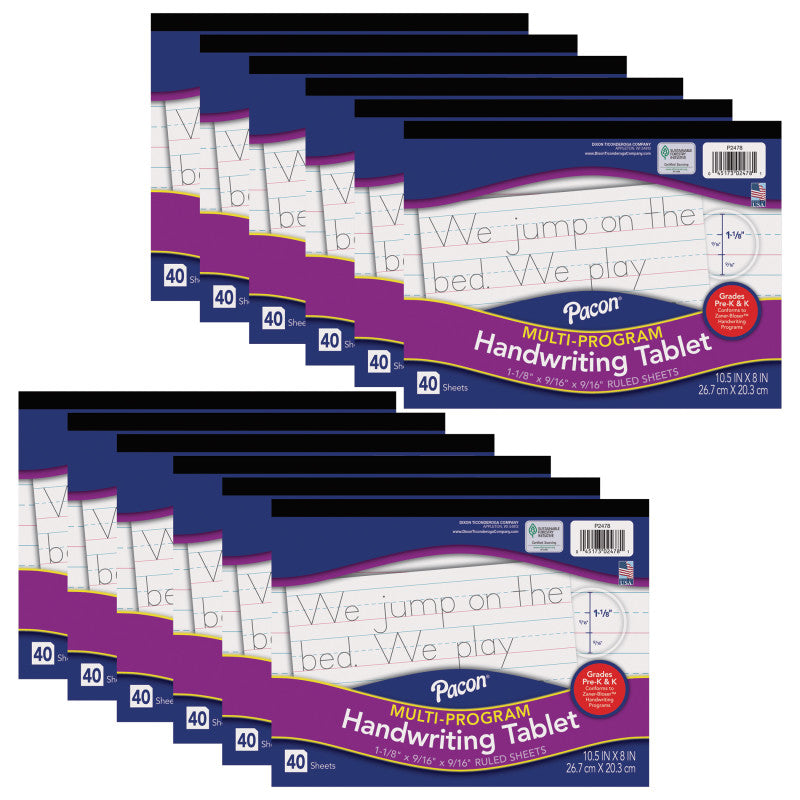Multi-Program Handwriting Tablet, Zaner-Bloser, 1-1/8" x 9/16" x 9/16" Ruled Long, 10-1/2" x 8", 40 Sheets, Pack of 12