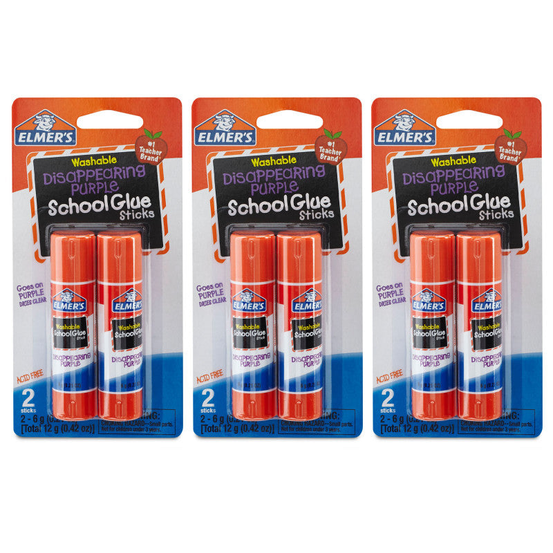 Washable School Glue Sticks, Disappearing Purple, 2 Count, Pack of 3