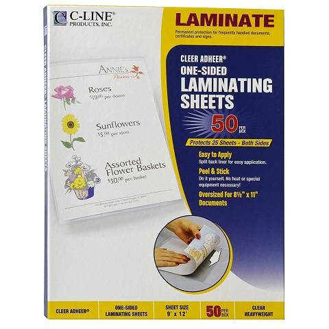 C-Line Heavyweight Cleer Adheer Laminating Film Sheets, Clear, 9 x 12 Inches, 50 per Box (65001)