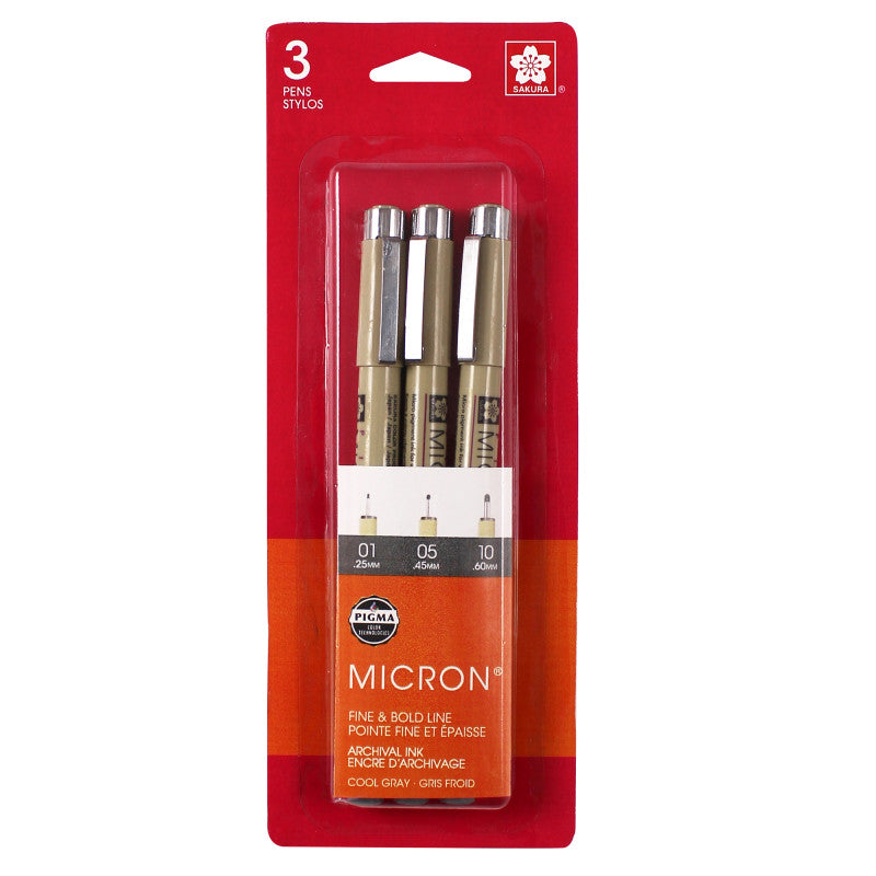 Pigma Micron Pens, Cool Gray, Assorted Sizes, 3-Piece Set, Blister Card