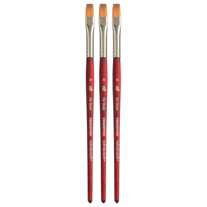 Velvetouch Flat Shader Brush, Synthetic Bristles, Short Handle Mixed Media Paintbrush, Scarlet, Size 8, Pack of 3