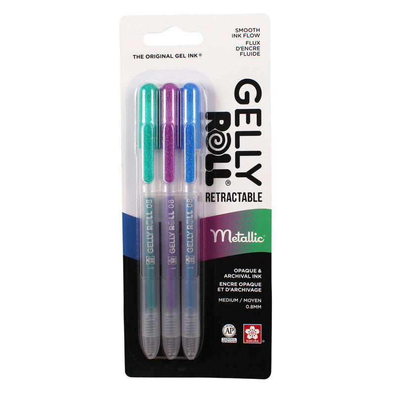 Retractable Metallic Gel Pens, 08 Medium Point, Assorted Colors, 3-Pack, Blister Card