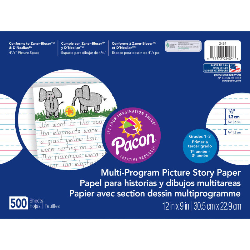 Multi-Program Picture Story Paper, 1/2" Ruled, White, 12" x 9", 500 Sheets