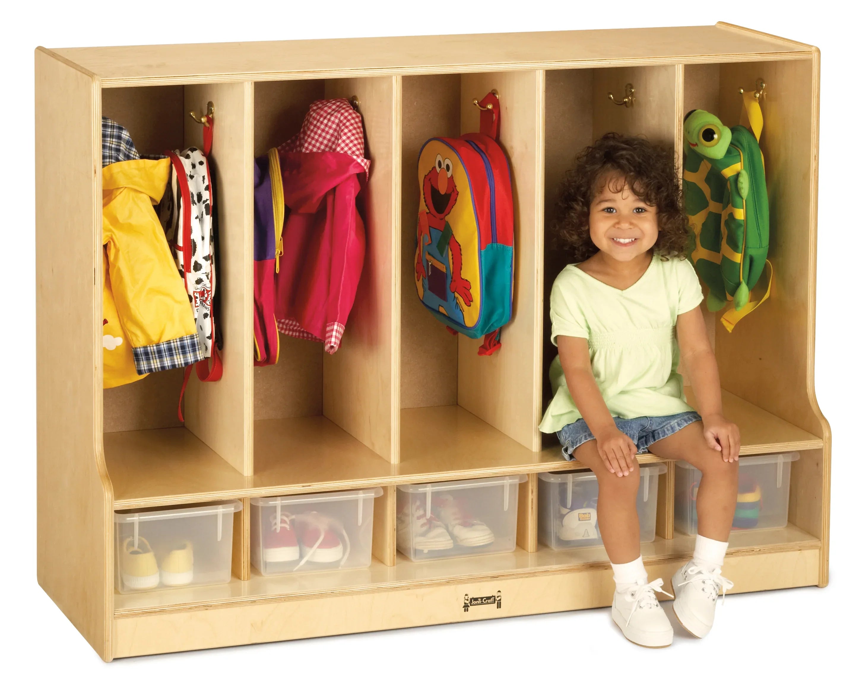Jonti-Craft® Toddler 5 Section Coat Locker with Step - with Clear Cubbie-Trays