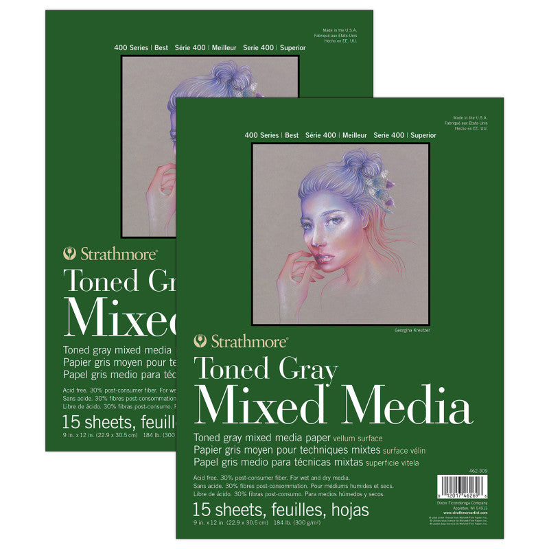 400 Series Mixed Media Pad, Toned Gray, Glue Binding, 9x12 inch, 15 Sheet, Pack of 2