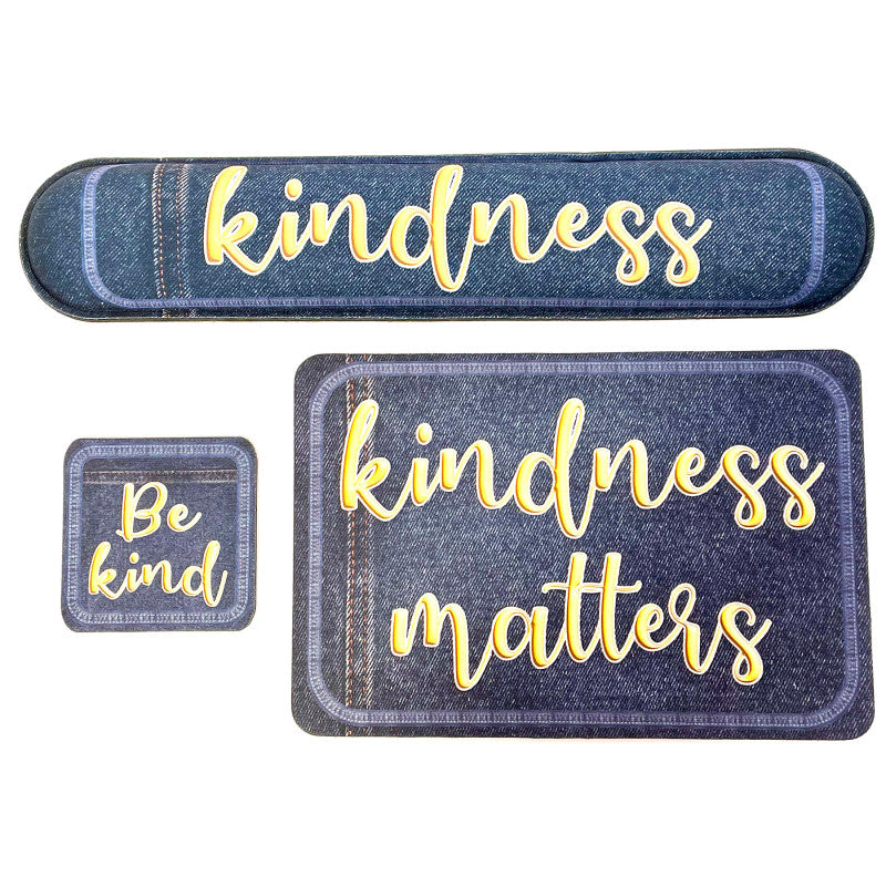 The Original Fun MatÂ® Computer Desk Mats, Set of 3, (1) Mouse Pad, (1) Keyboard Wrist Pad, (1) Coaster, Kindness Themed, Denim