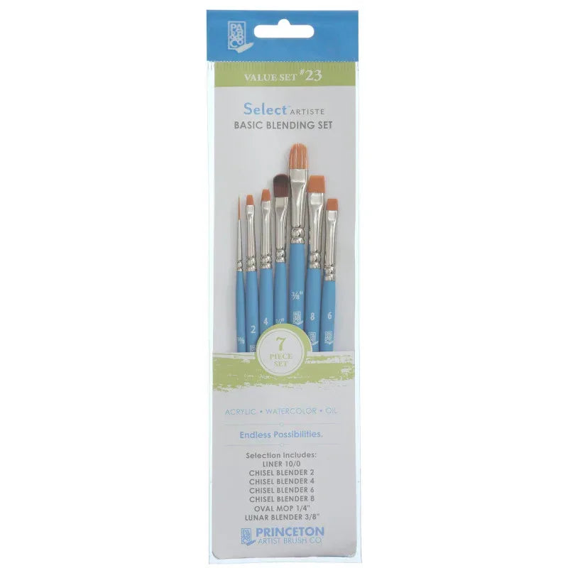 Select Artiste Brush Set No. 23, Synthetic Bristles, Short Handle Mixed Media Paintbrush, Jewel Blue, 7 Pieces