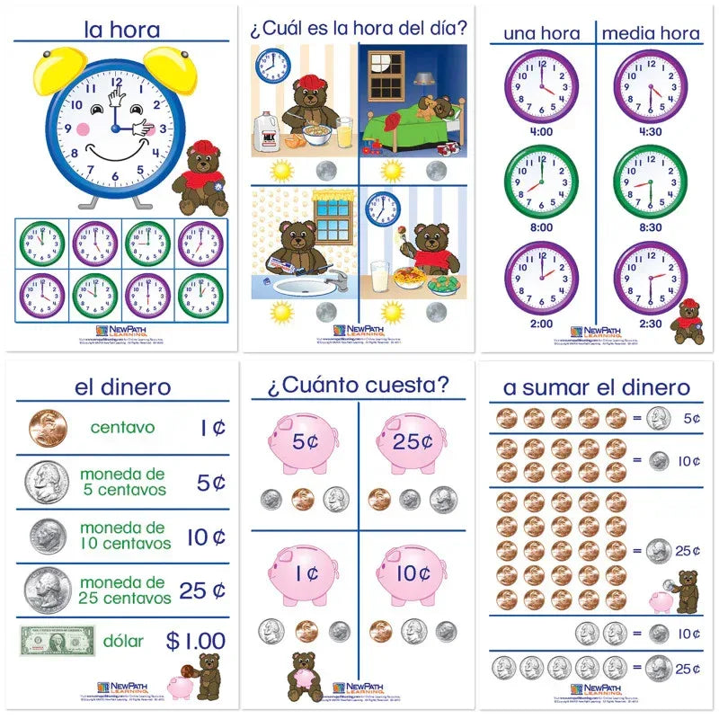Time & Money Bulletin Board Charts, Set of 6, Spanish Edition