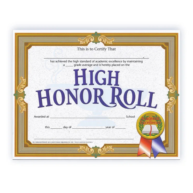 High Honor Roll Certificate, 8.5" x 11", Pack of 30