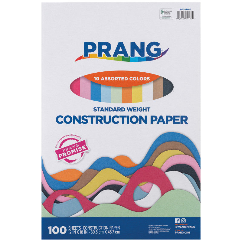 Construction Paper, Standard Weight, 10 Assorted Colors, 12" x 18", 100 Sheets