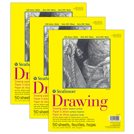 300 Series Drawing Pad, Glue Binding, 50 Sheet, 9x12 inch, Pack of 3