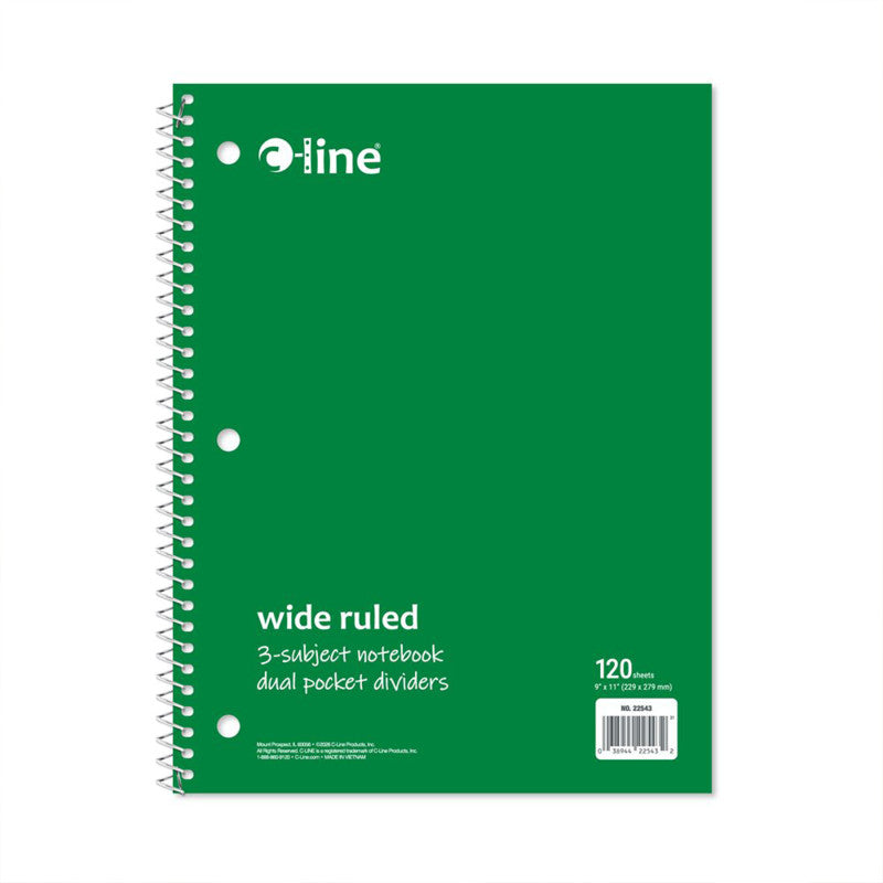 Wide-Ruled 3-Subject Notebook, 120 Sheets, Green