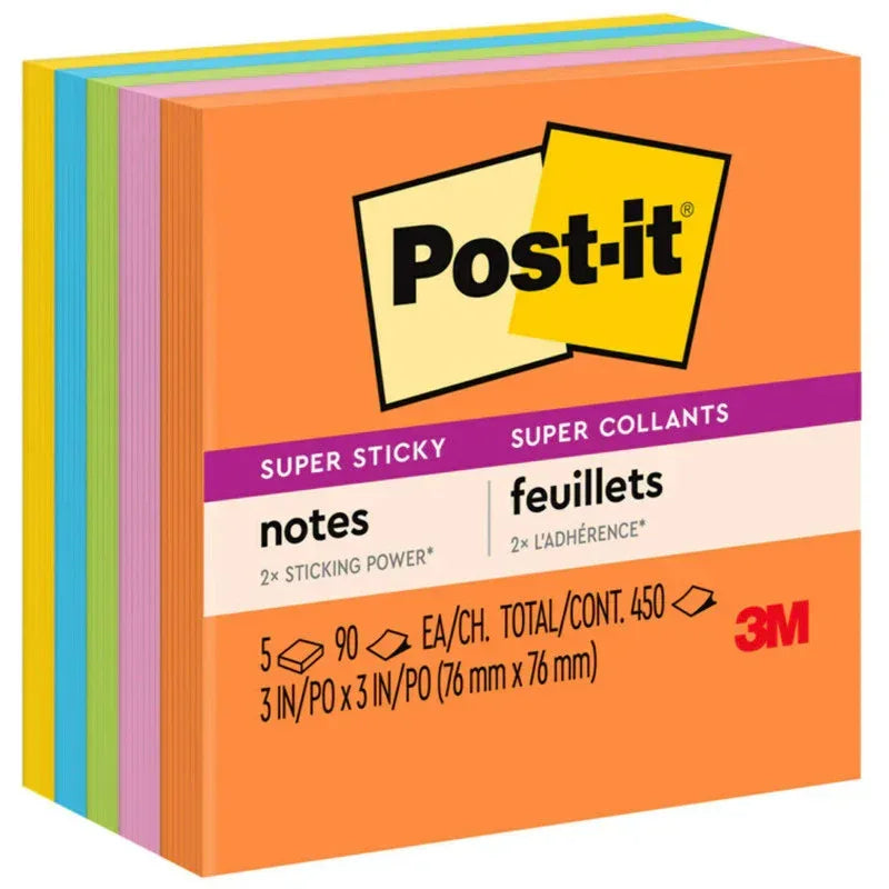 Super Sticky Notes, 3 in x 3 in, Energy Boost Collection, 5 Pads/Pack