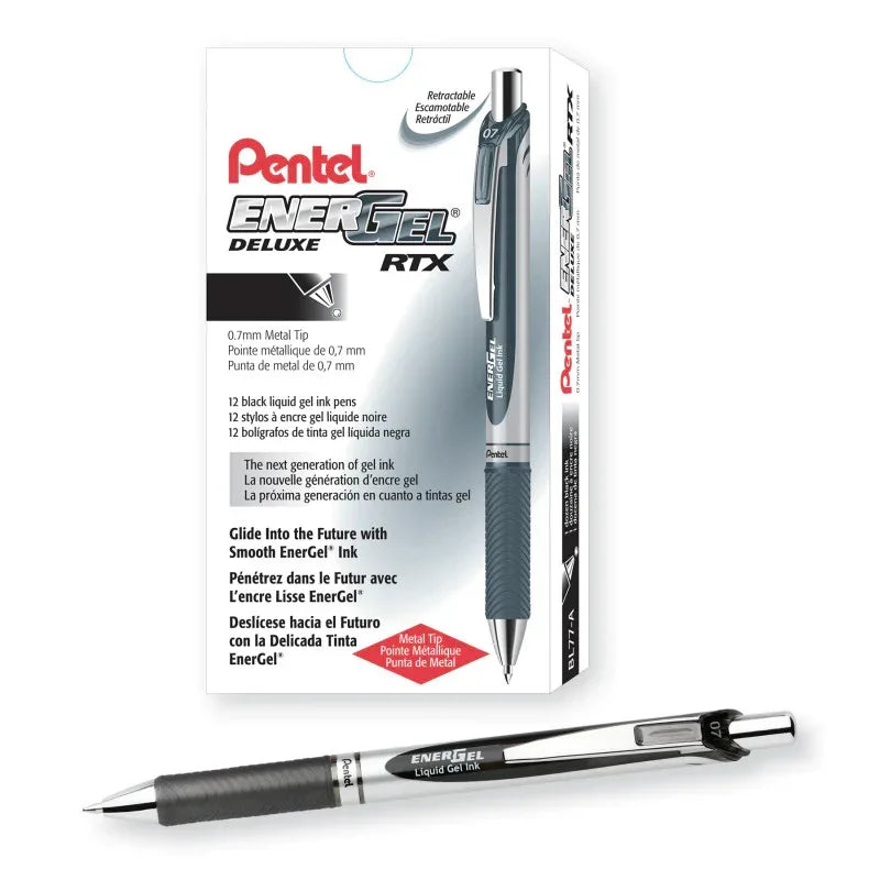 EnerGel RTX Retractable Liquid Gel Pen, (0.7mm) Metal Tip, Medium Line, Black Ink, 1 Dozen