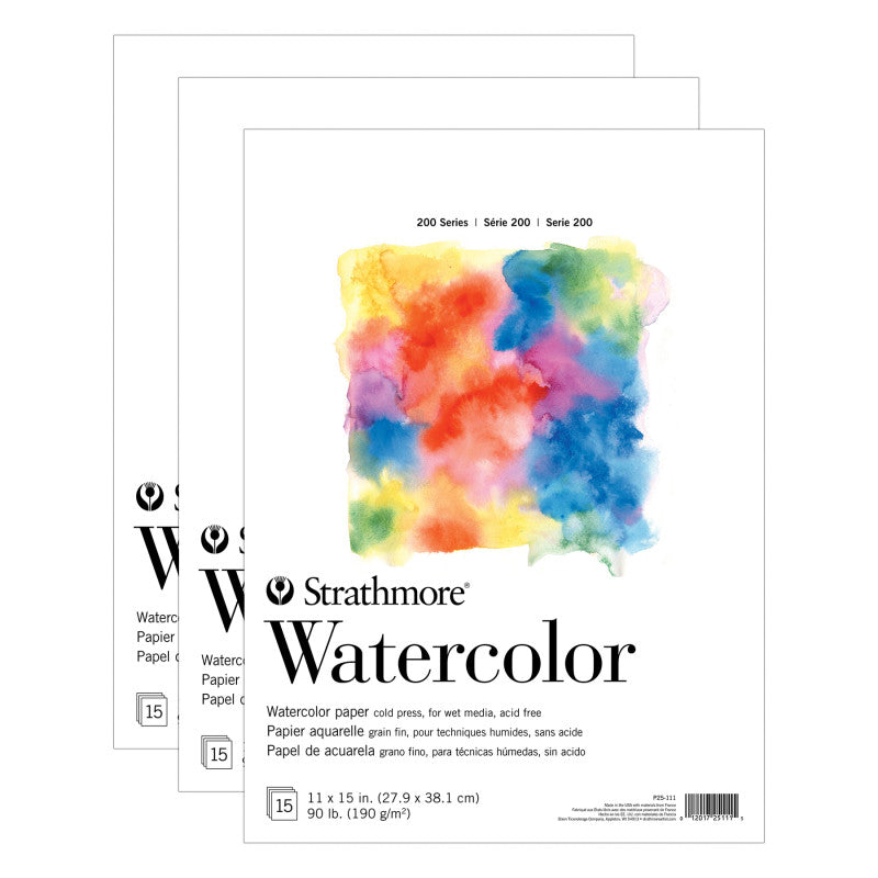 200 Series Watercolor Paper Pad, Tape Binding, 15 Sheet, 11x15 inch, Pack of 3