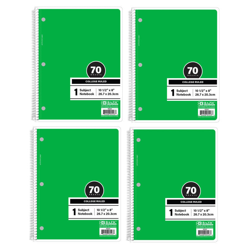 1-Subject Spiral Notebooks, College Ruled, 70 Count, Green, 4-Pack