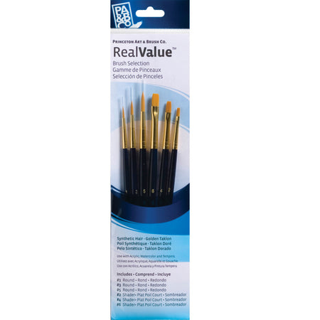 RealValue Brush Set, Gold Taklon Bristles, Short Handle Mixed Media Paintbrush, Dark Blue, 6 Pieces