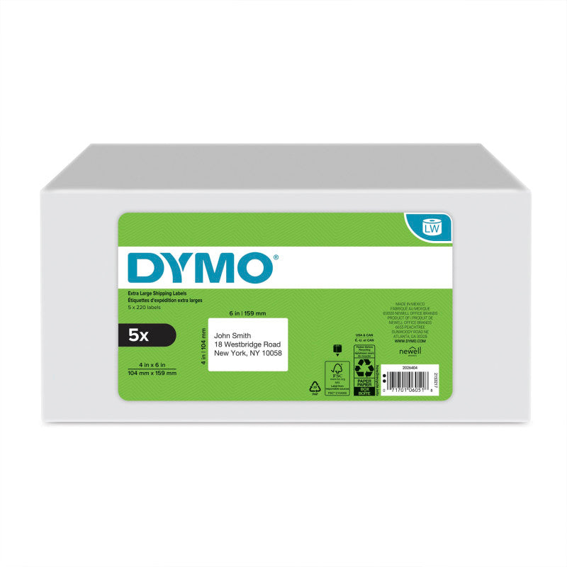 LabelWriter Extra-Large Shipping Labels, 4 x 6 Inches, White, 1,100 Labels on 5 Rolls