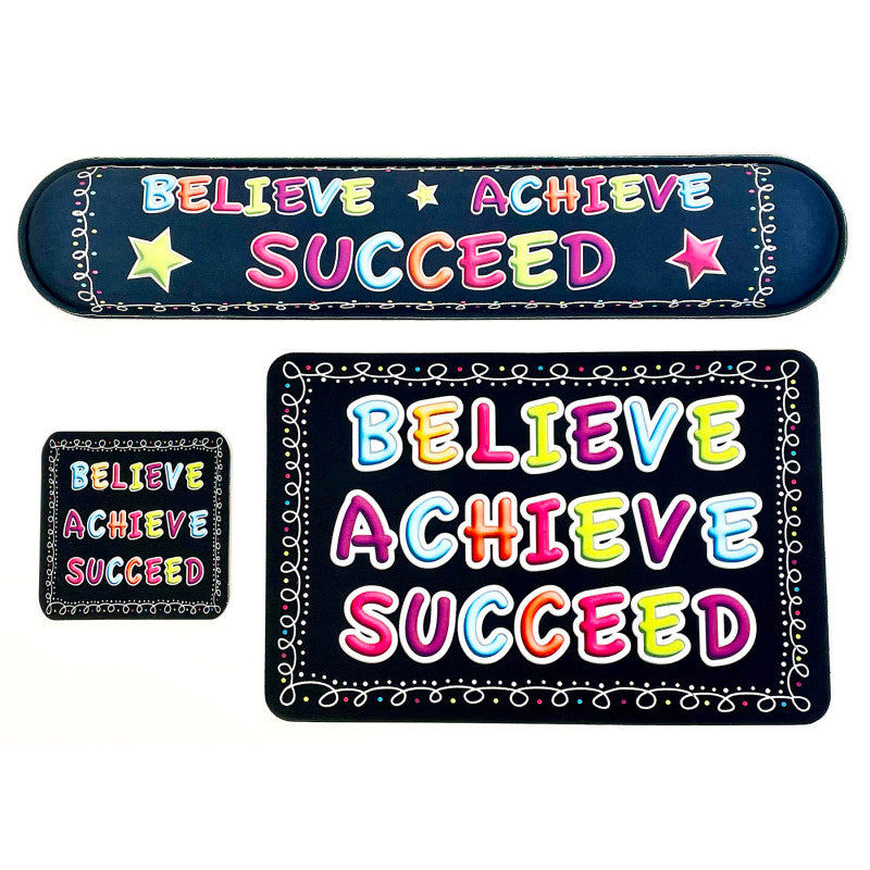 The Original Fun MatÂ® Computer Desk Mats, Set of 3, (1) Mouse Pad, (1) Keyboard Wrist Pad, (1) Coaster, Believe, Achieve, Succeed, Chalk Loops