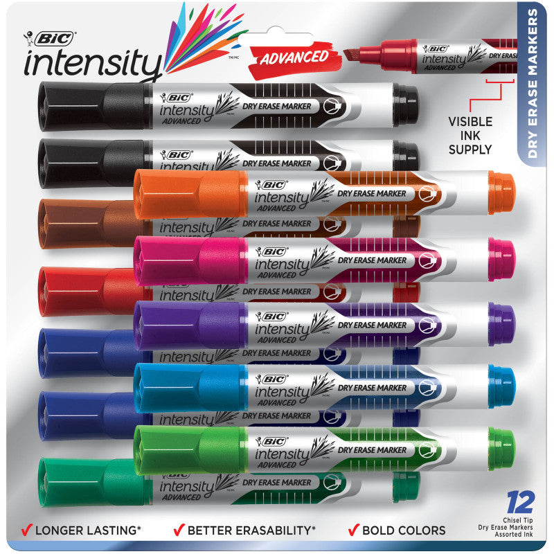Intensity Advanced Dry Erase Markers, Chisel Tip, Assorted Colors, 12 Count
