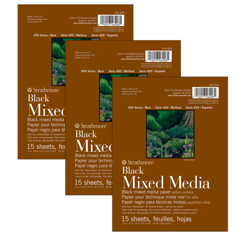 400 Series Mixed Media Pad, Black, Glue Binding, 15 Sheet, 6x8 inch, Pack of 3