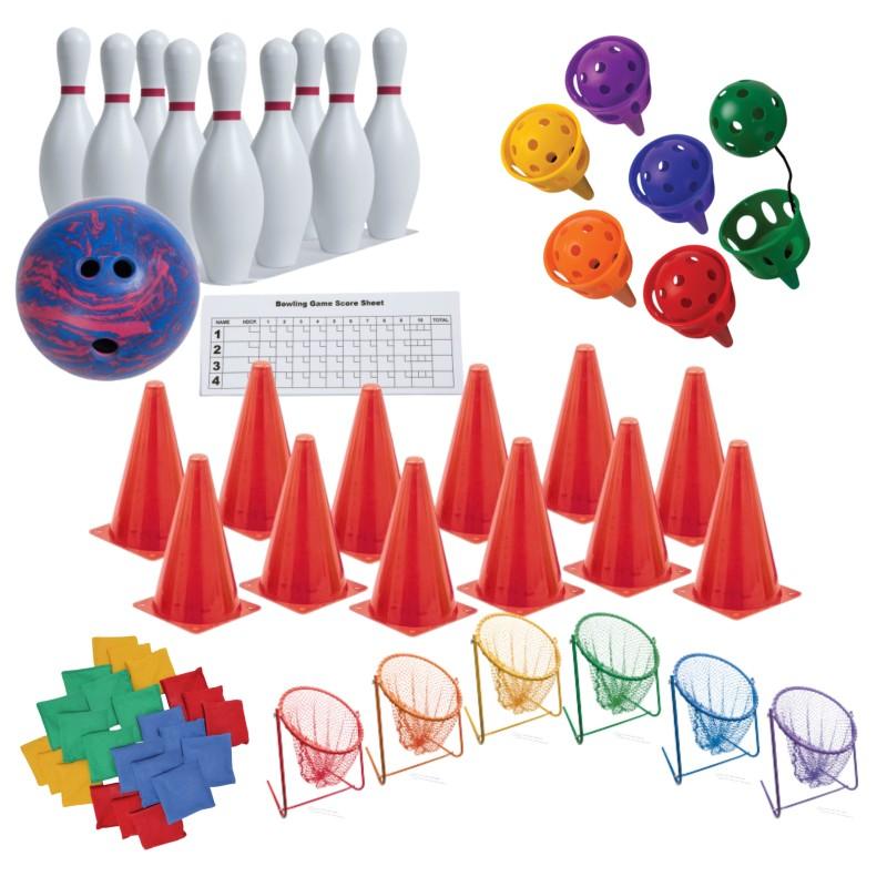 Physical Activity Kit, Group Recreation Games with Bowling, Bean Bags, Cones, Nets & Cup Toss