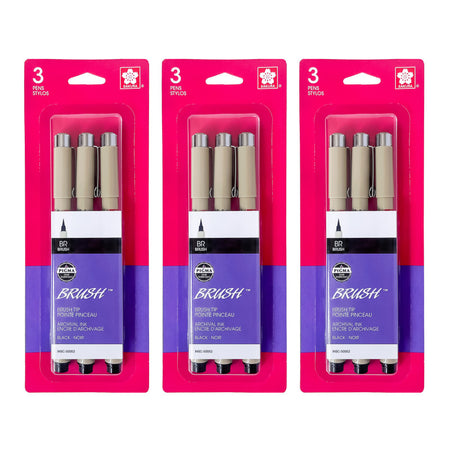Pigma Brush Pen, Black, 3 Per Pack, 3 Packs
