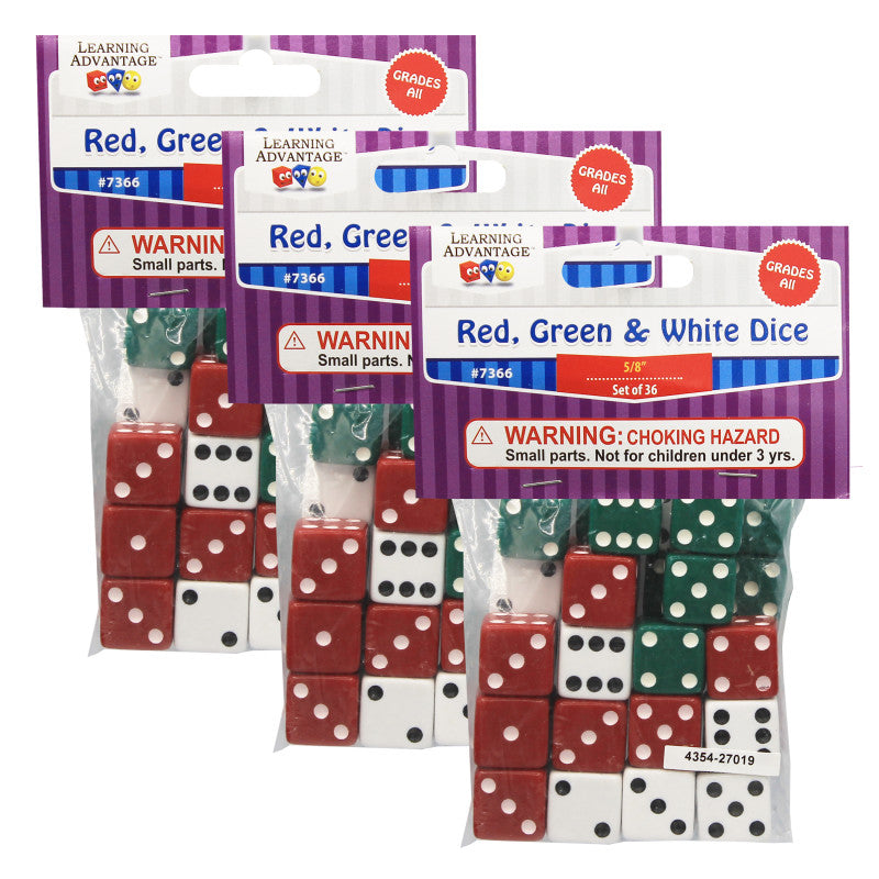 Dot Dice, Red, Green & White, 36 Per Pack, 3 Packs