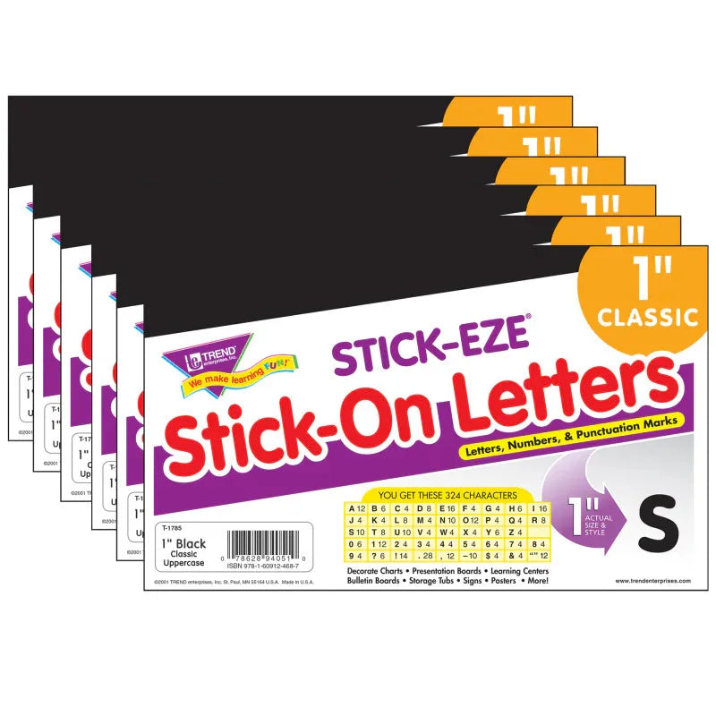 Black 1" STICK-EZE&reg; Stick-On Letters, 324 Pieces Per Pack, 6 Packs