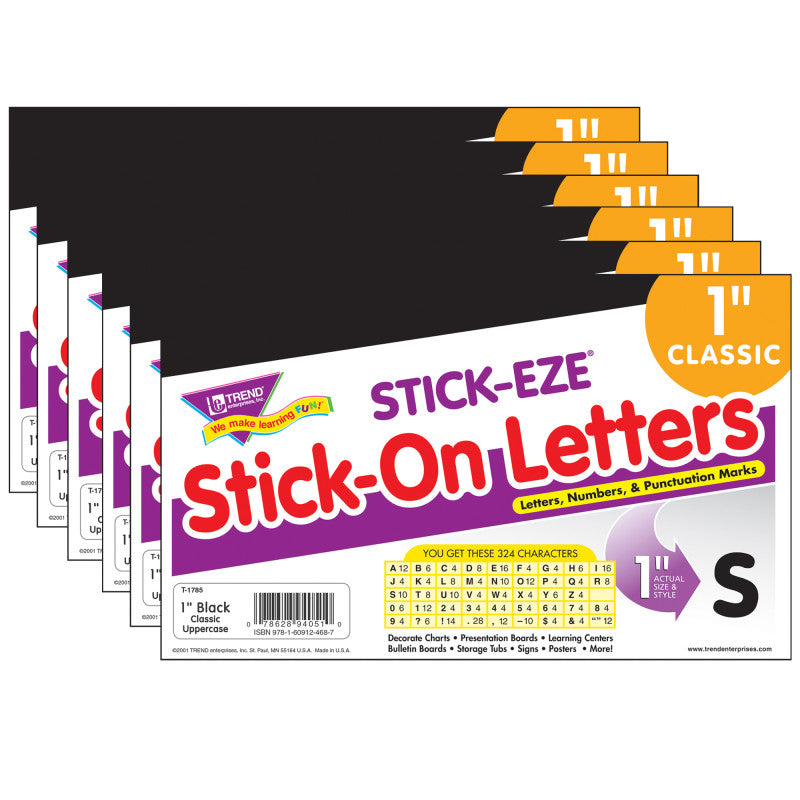 Black 1" STICK-EZE&reg; Stick-On Letters, 324 Pieces Per Pack, 6 Packs