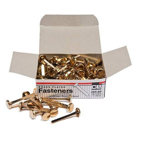 Paper Fasteners, Round Head, Brass Plated 1-1/2 Inches Shank, 12 mm Head, 100/Box, (6RH)