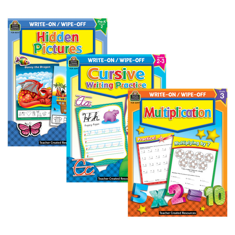 Skill-Building Write & Wipe Activity Book Kit &ndash; Cursive, Multiplication, and Hidden Pictures