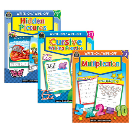 Skill-Building Write & Wipe Activity Book Kit &ndash; Cursive, Multiplication, and Hidden Pictures