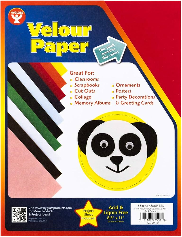 Hygloss Velour Paper Self-Adhesive, Assorted Colors - 8.5" x 11" (5 Sheets)