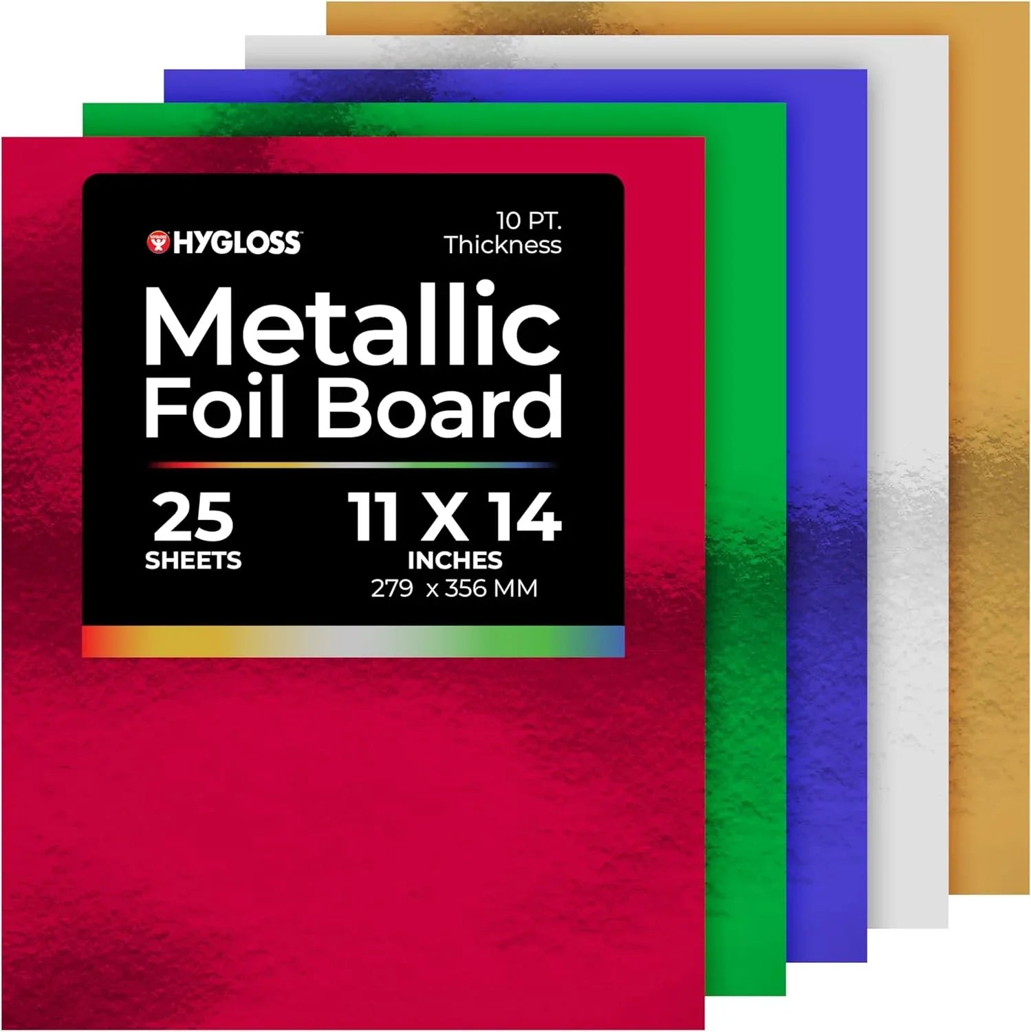 Hygloss Metallic Foilboard Sheets - 25 Sheets, 11” x 14” - 5 Assorted Colors - Sturdy 10 pt. (HYG87265)