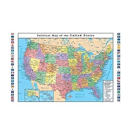Classroom Political USA Wall Map, United States Includes Flags 33 X 49 Inches
