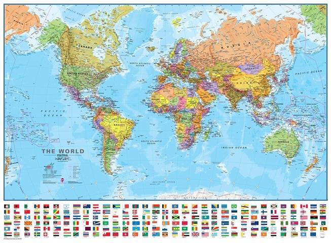Classroom Political World Wall Map, Includes Flags 33 X 49 Inches