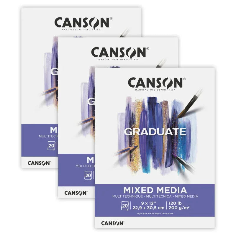 Graduate Mixed Media Pad, Foldover Binding, 20 Sheet, 9x12 inch, Pack of 3