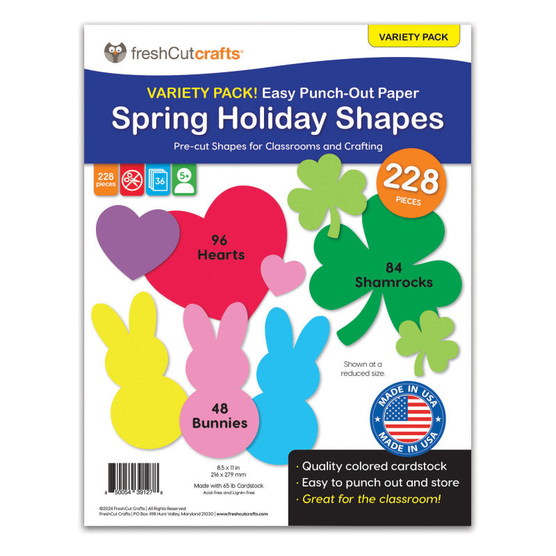 Punch Out Paper Cutouts, Spring Holiday Shapes, Valentine Hearts, Shamrocks & Easter Bunny, 228 Pieces