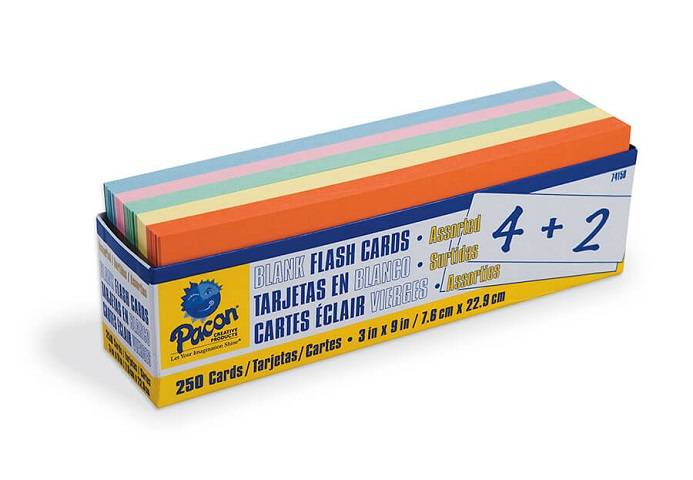 Blank Flash Cards, Assorted Colors, 250 cards, 3" x 9"