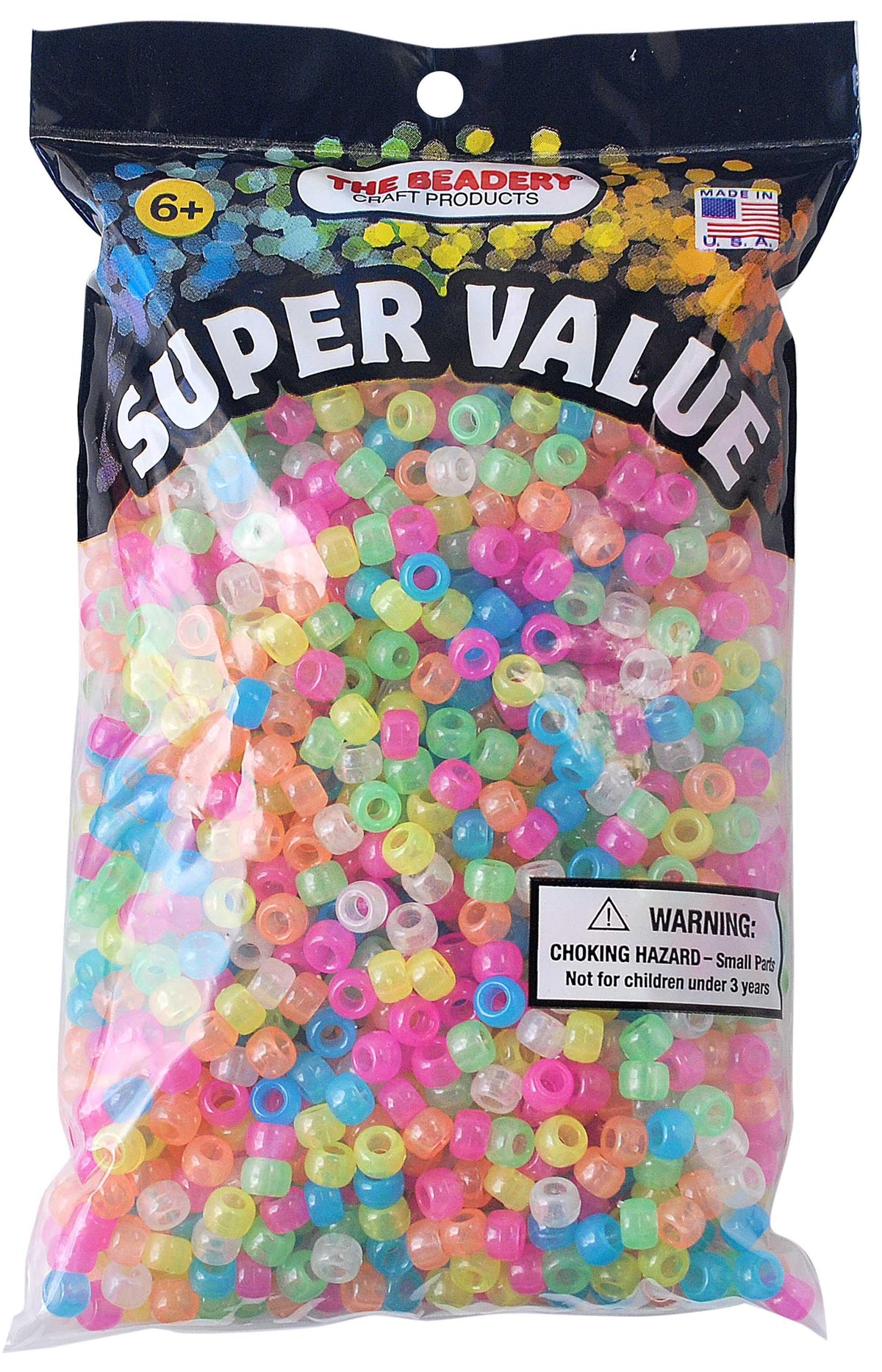 1 lb Big Value Pony Beads Acrylic Glow-in-the Dark Colors, 6 x 9mm, (21219)