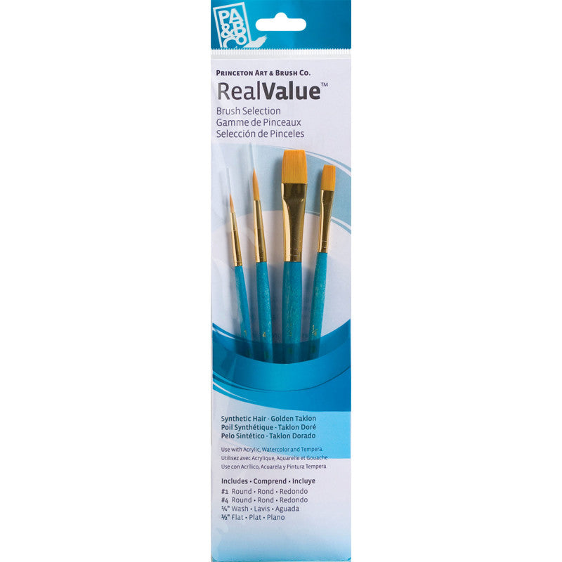 RealValue Brush Set, Gold Taklon Bristles, Short Handle Mixed Media Paintbrush, Blue, 4 Pieces
