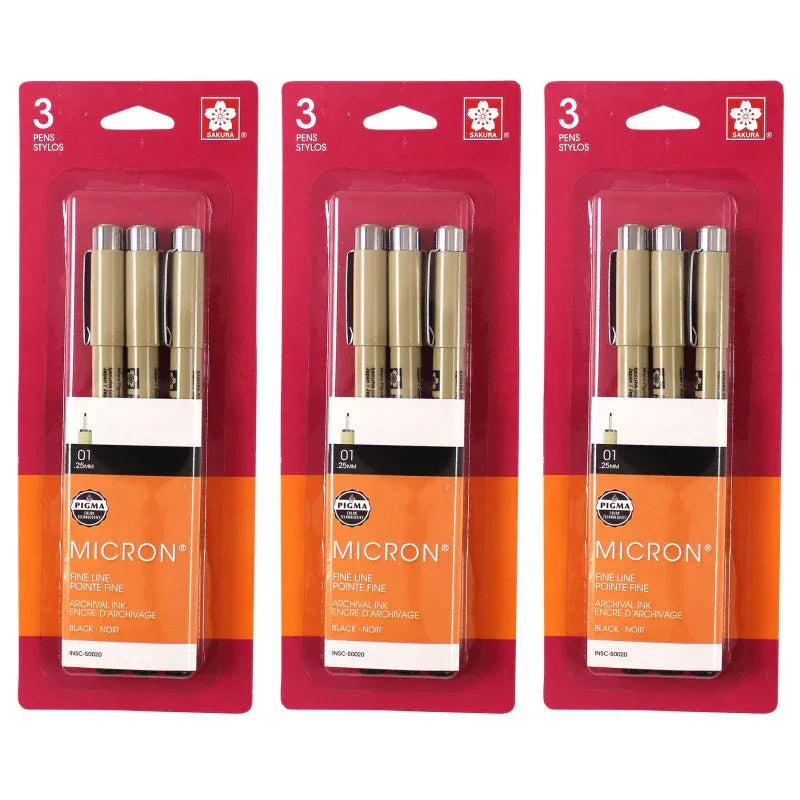 Pigma Micron Pens, Size 01 Fine Point, Black, 3 Per Set, 3 Sets