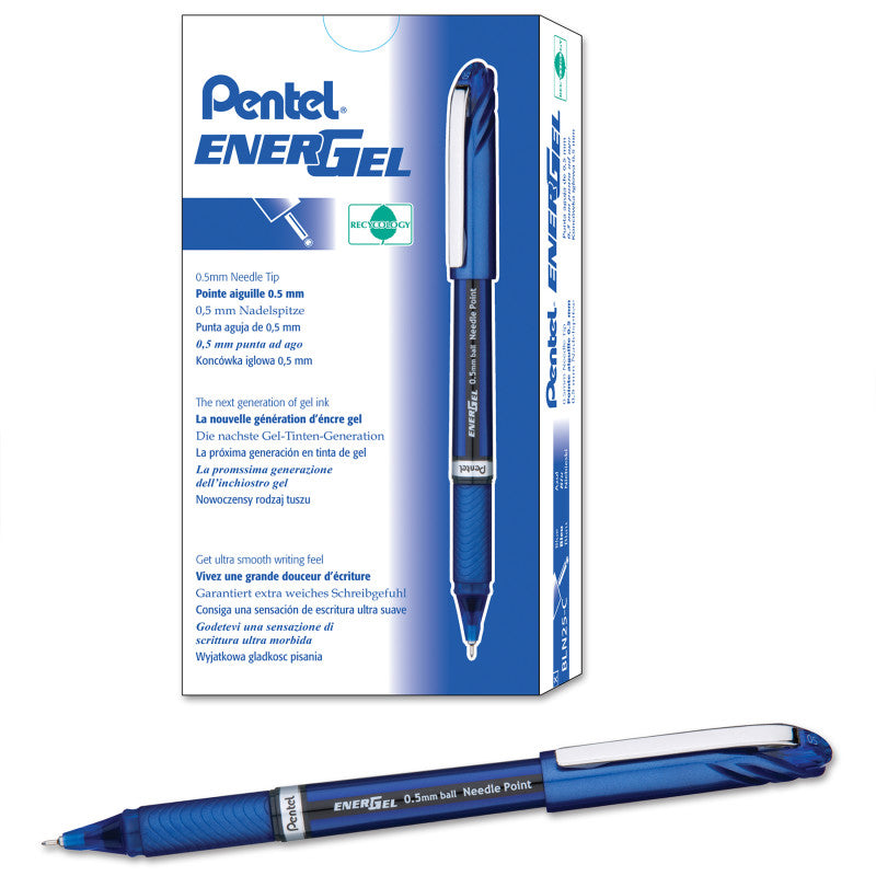 EnerGel NV Liquid Gel Pen, (0.5mm) Needle Tip, Fine Line Capped, Blue Ink, 1DZ