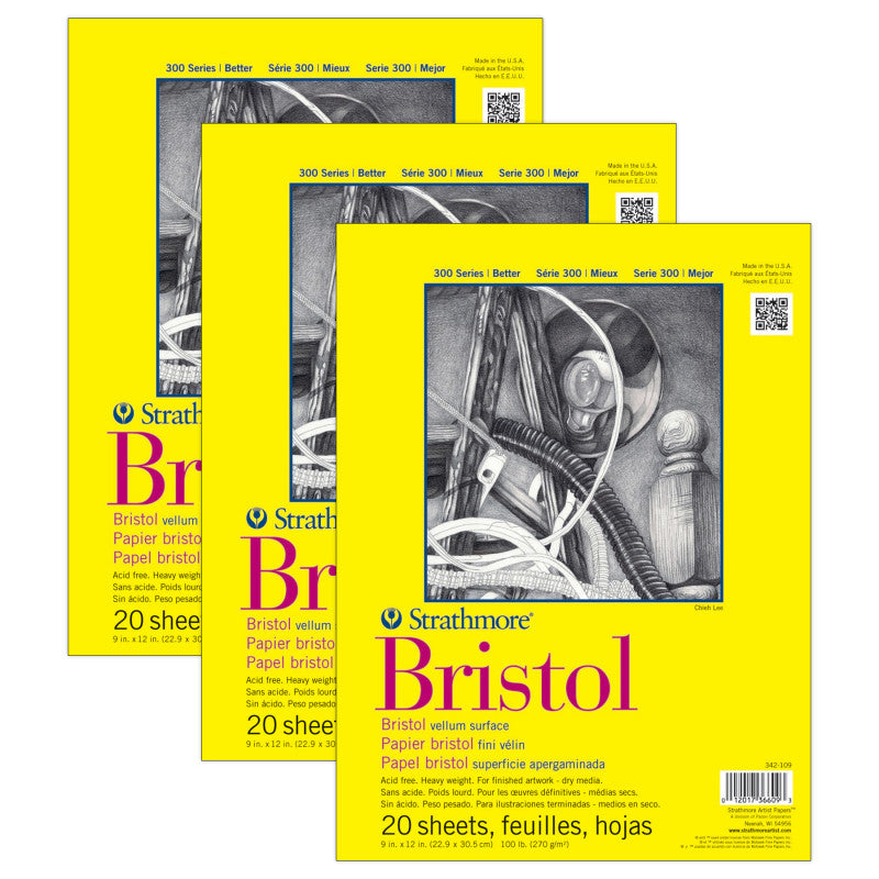 300 Series Bristol Pad, Vellum Finish, Tape Binding, 20 Sheet, 9x12 inch, Pack of 3