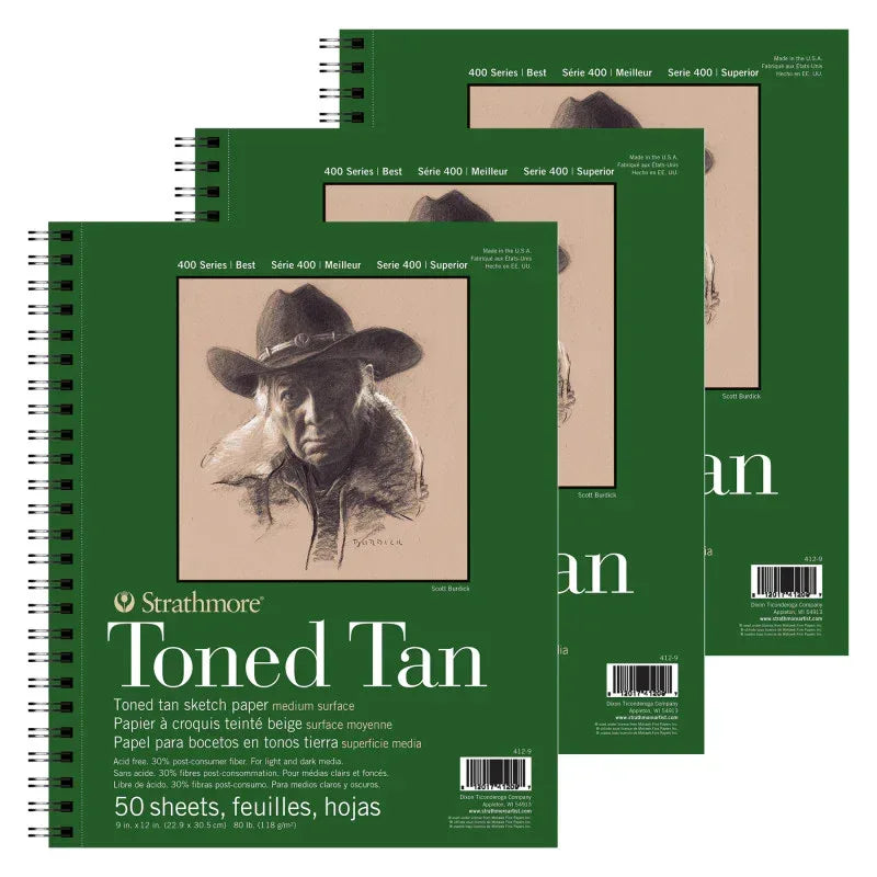 400 Series Sketch Pad, Recycled, Toned Tan, Side Wire Binding, 50 Sheet, 9x12 inch, Pack of 3