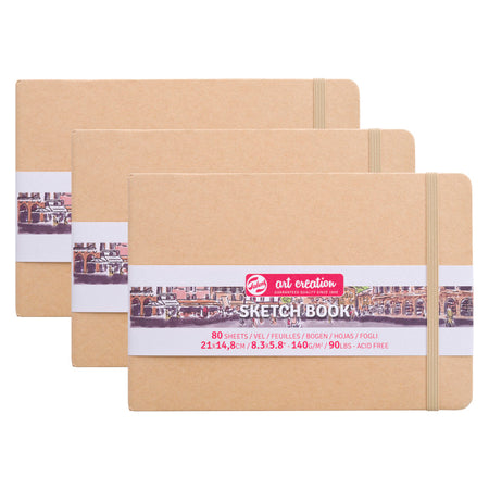 Sketchbook, 80 Sheets, 90lbs, Kraft Cover, 8.3" x 5.8" (A5), Pack of 3