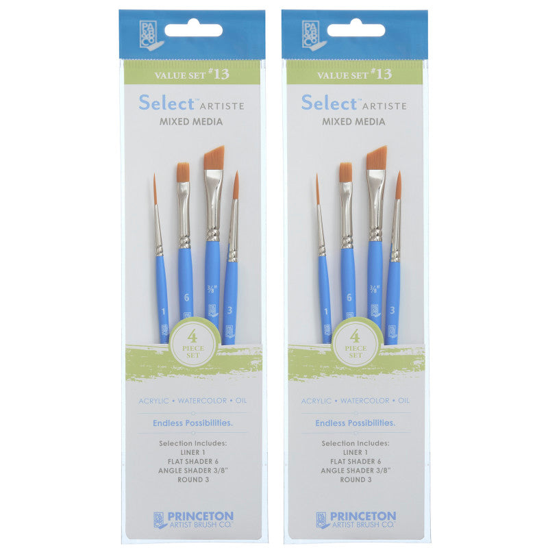 Select Artiste Brush Set No. 13, Synthetic Bristles, Short Handle Mixed Media Paintbrush, Jewel Blue, 4 Per Set, 2 Sets